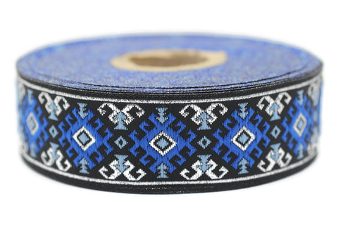25 mm Blue/Silver Snowy Jacquard trim (0.98 inches), vintage Ribbon, Decorative Craft Ribbon, Sewing, Jacquard ribbon, Trim, 25953