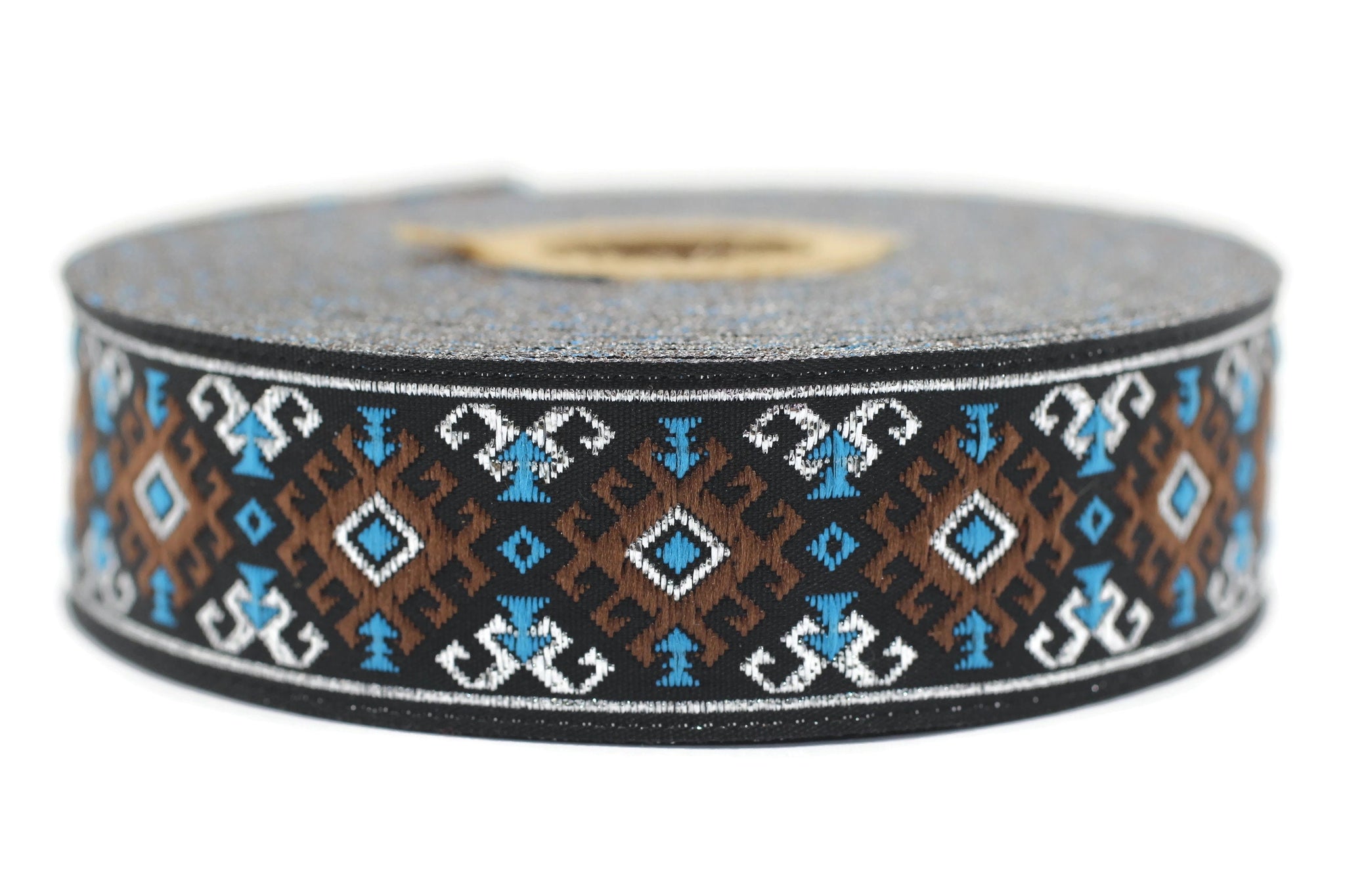 25 mm Brown/Light Blue Snowy Jacquard trim (0.98 inches), vintage Ribbon, Decorative Craft Ribbon, Sewing, Jacquard ribbon, Trim, 25953
