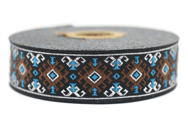 25 mm Brown/Light Blue Snowy Jacquard trim (0.98 inches), vintage Ribbon, Decorative Craft Ribbon, Sewing, Jacquard ribbon, Trim, 25953