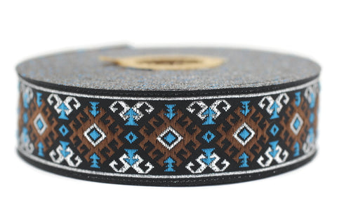 25 mm Brown/Light Blue Snowy Jacquard trim (0.98 inches), vintage Ribbon, Decorative Craft Ribbon, Sewing, Jacquard ribbon, Trim, 25953