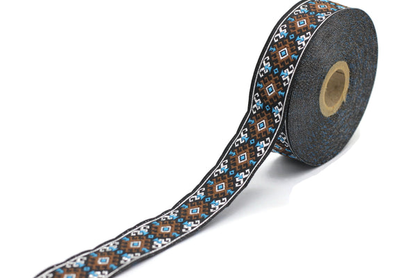 25 mm Brown/Light Blue Snowy Jacquard trim (0.98 inches), vintage Ribbon, Decorative Craft Ribbon, Sewing, Jacquard ribbon, Trim, 25953