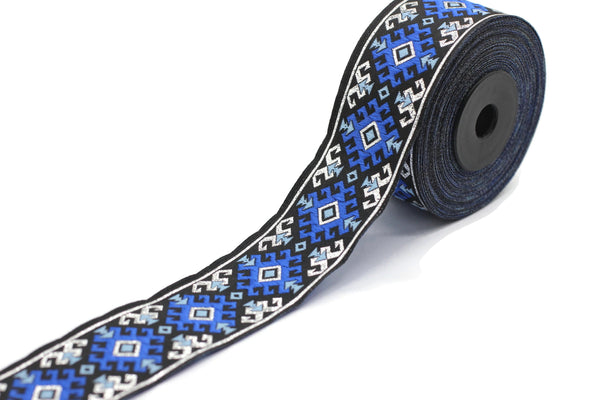 35 mm Snowy metallic Blue/Silver jacquard ribbons 1.37 inches, Snowy embroidered trim, woven trim, woven jacquards, woven border, 35953