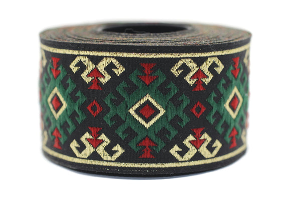 35 mm Snowy metallic Green/Gold jacquard ribbons 1.37 inches, Snowy embroidered trim, woven trim, woven jacquards, woven border, 35953
