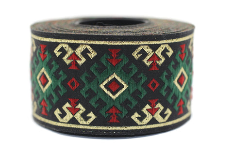 35 mm Snowy metallic Green/Gold jacquard ribbons 1.37 inches, Snowy embroidered trim, woven trim, woven jacquards, woven border, 35953