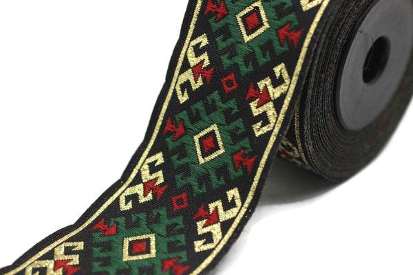 35 mm Snowy metallic Green/Gold jacquard ribbons 1.37 inches, Snowy embroidered trim, woven trim, woven jacquards, woven border, 35953