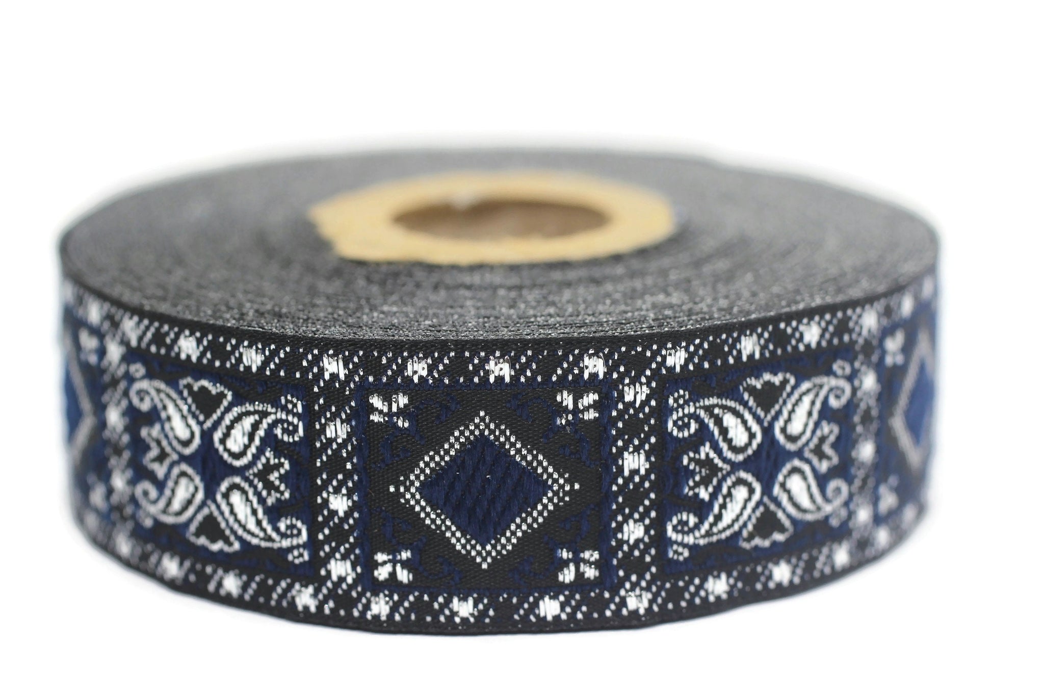 25 mm Blue/Silver Geometric Jacquard trim (0.98 inches), vintage Ribbon, Decorative Craft Ribbon, Sewing, Jacquard ribbon, Trim, 25587