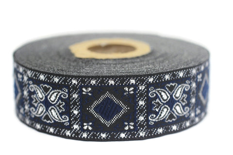 25 mm Blue/Silver Geometric Jacquard trim (0.98 inches), vintage Ribbon, Decorative Craft Ribbon, Sewing, Jacquard ribbon, Trim, 25587