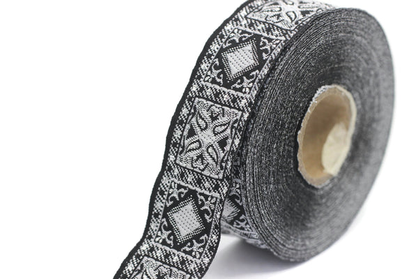 25 mm Grey Geometric Jacquard trim (0.98 inches), vintage Ribbon, Decorative Craft Ribbon, Sewing, Jacquard ribbon, Trim, 25587