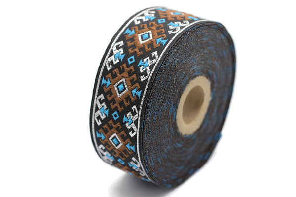 35 mm Snowy metallic Brown/Light Blue jacquard ribbons 1.37 inches, Snowy embroidered trim, woven trim, woven jacquards, woven border, 35953
