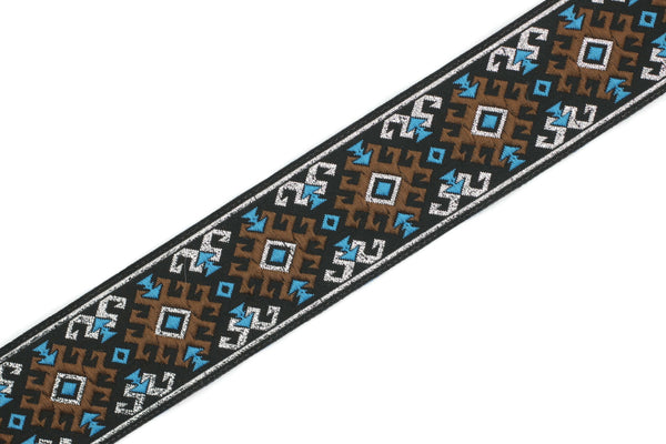 35 mm Snowy metallic Brown/Light Blue jacquard ribbons 1.37 inches, Snowy embroidered trim, woven trim, woven jacquards, woven border, 35953