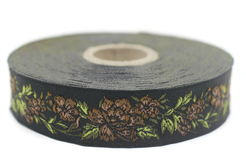 25 mm Brown / Black Floral Jacquard trim (0.98 inches, vintage Ribbon, Decorative Craft Ribbon, Floral Jacquard Ribbon Trim, ribbon, 25096