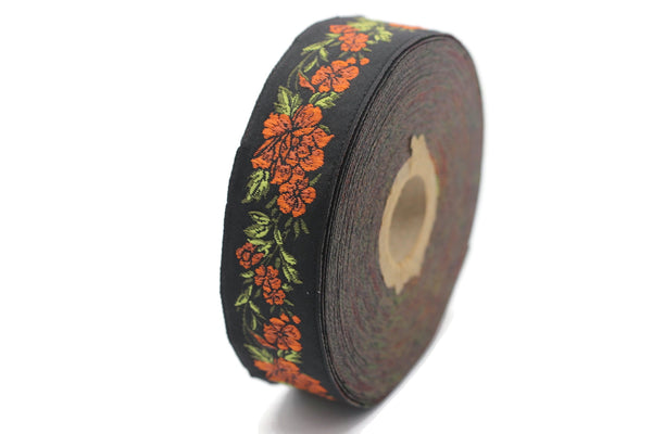 25 mm Orange / Black Floral Jacquard trim (0.98 inches, vintage Ribbon, Decorative Craft Ribbon, Floral Jacquard Ribbon, Trim, ribbon, 25096