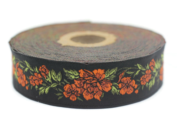 25 mm Orange / Black Floral Jacquard trim (0.98 inches, vintage Ribbon, Decorative Craft Ribbon, Floral Jacquard Ribbon, Trim, ribbon, 25096