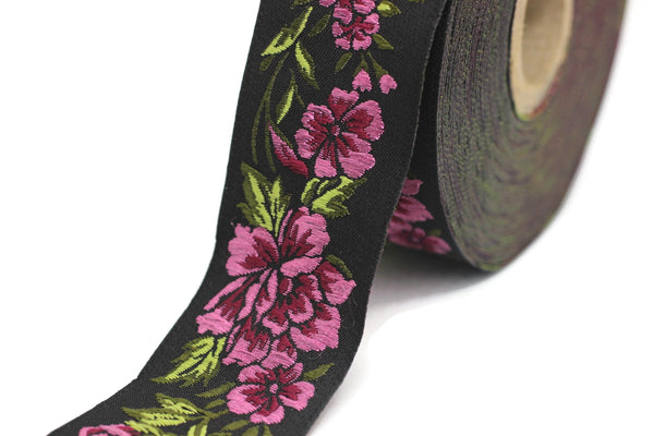 35 mm Pink / Black Floral Jacquard trims 1.37 inch, vintage Ribbon, Decorative Craft Ribbon, Floral Jacquard Ribbon, Jacquard Trim, 35096