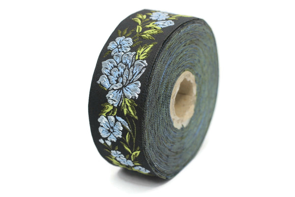 35 mm Sky Blue / Black Floral Jacquard trim (1.37 inches, vintage Ribbon, Decorative Craft Ribbon, Floral Jacquard Ribbon Trim, 35096
