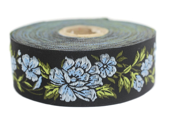 35 mm Sky Blue / Black Floral Jacquard trim (1.37 inches, vintage Ribbon, Decorative Craft Ribbon, Floral Jacquard Ribbon Trim, 35096