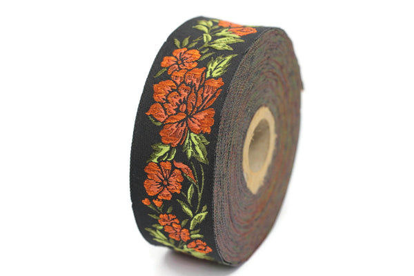 35 mm Orange / Black Floral Jacquard trim (1.37 inches, vintage Ribbon, Decorative Craft Ribbon, Floral Jacquard Ribbon, curtain trim, 35096