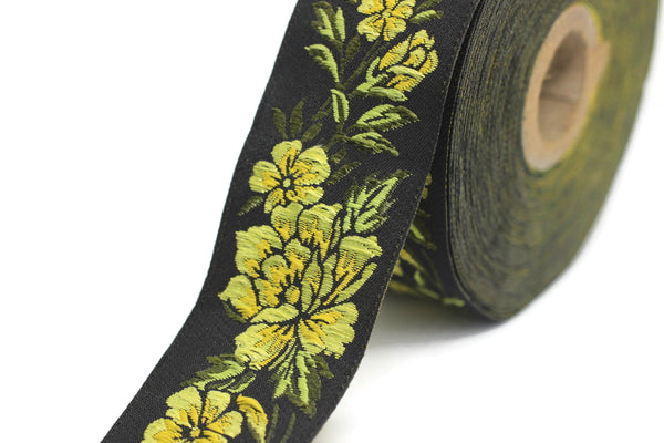 35 mm Yellow / Black Floral Jacquard trim (1.37 inches), vintage Ribbon, Decorative Craft Ribbon, Floral Jacquard Ribbon, towel trim, 35096