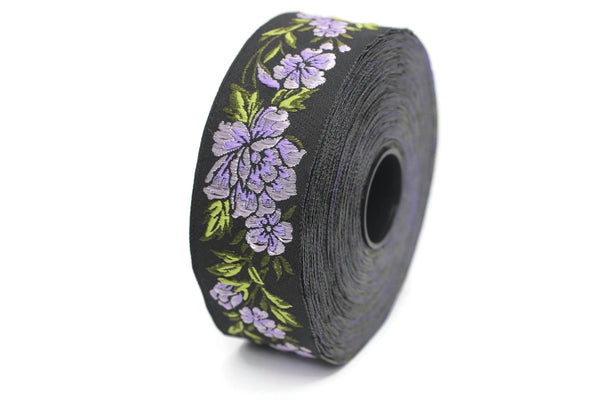 35 mm Lilac / Black Floral Jacquard trim (1.37 inches, vintage Ribbon, Decorative Craft Ribbon, Floral Jacquard Ribbon, curtain trim, 35096
