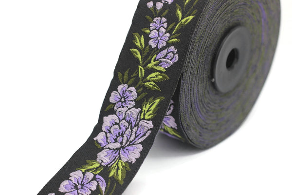 35 mm Lilac / Black Floral Jacquard trim (1.37 inches, vintage Ribbon, Decorative Craft Ribbon, Floral Jacquard Ribbon, curtain trim, 35096