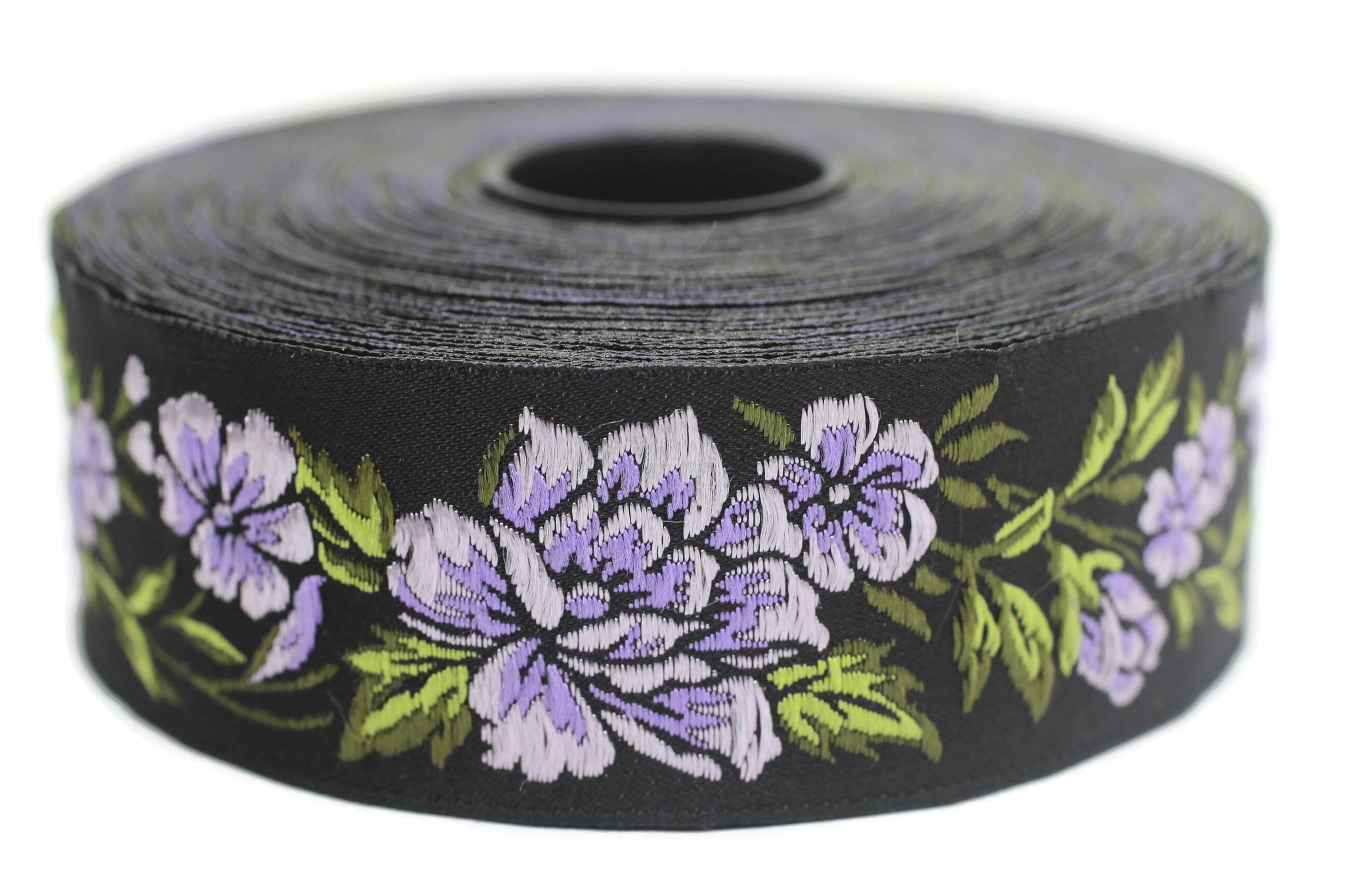 35 mm Lilac / Black Floral Jacquard trim (1.37 inches, vintage Ribbon, Decorative Craft Ribbon, Floral Jacquard Ribbon, curtain trim, 35096