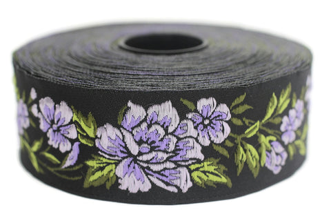 35 mm Lilac / Black Floral Jacquard trim (1.37 inches, vintage Ribbon, Decorative Craft Ribbon, Floral Jacquard Ribbon, curtain trim, 35096