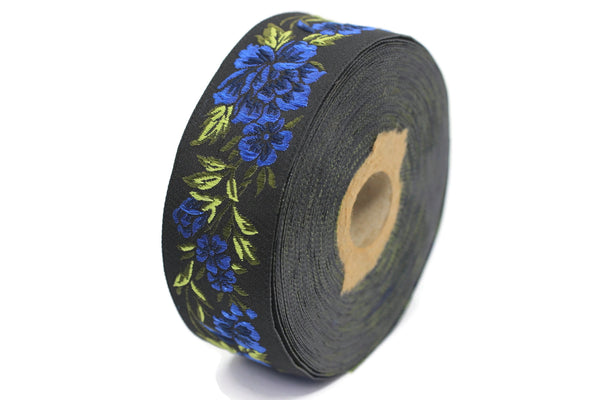 35 mm Blue / Black Floral Jacquard trim (1.37 inches, vintage Ribbon, Decorative Craft Ribbon, Floral Jacquard Ribbon, towel trim, 35096