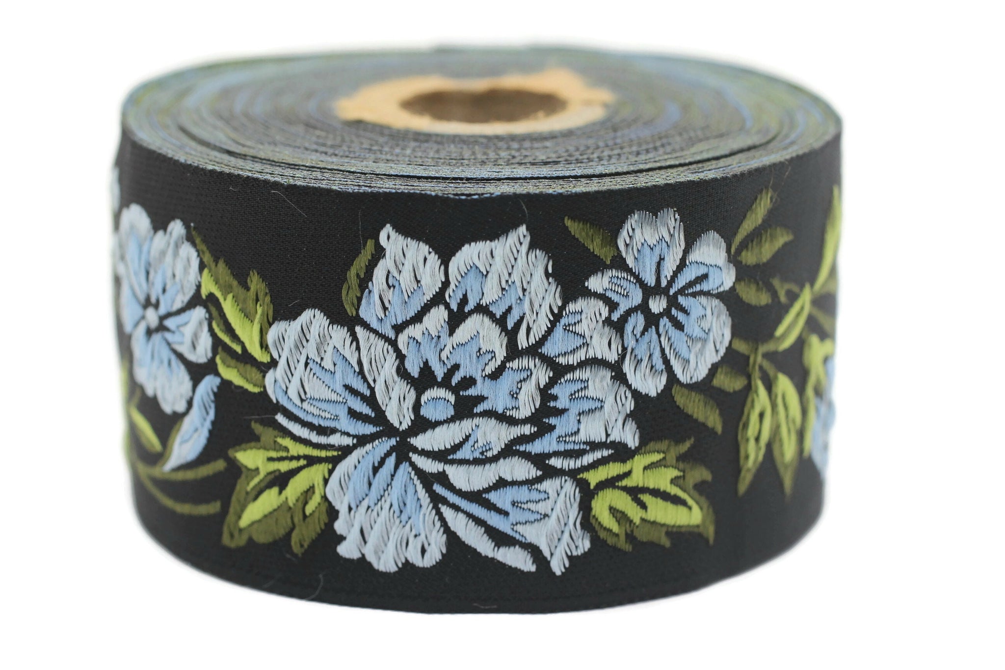 50 mm Sky Blue/ Black Floral Jacquard trim (1.96 inches), vintage Ribbon, Decorative Craft Ribbon, Floral Jacquard Ribbon, Trim, 50096