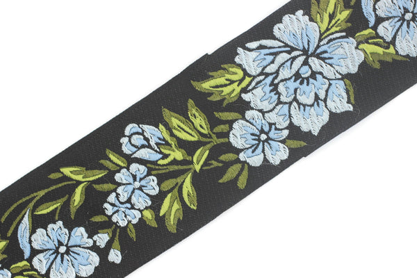 50 mm Sky Blue/ Black Floral Jacquard trim (1.96 inches), vintage Ribbon, Decorative Craft Ribbon, Floral Jacquard Ribbon, Trim, 50096