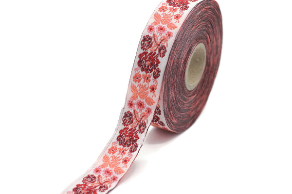 22 mm Red Floral Embroidered ribbon (0.86 inches), Vintage Jacquard, Floral ribbon, Sewing trim, Jacquard trim, Jacquard ribbon, 22097