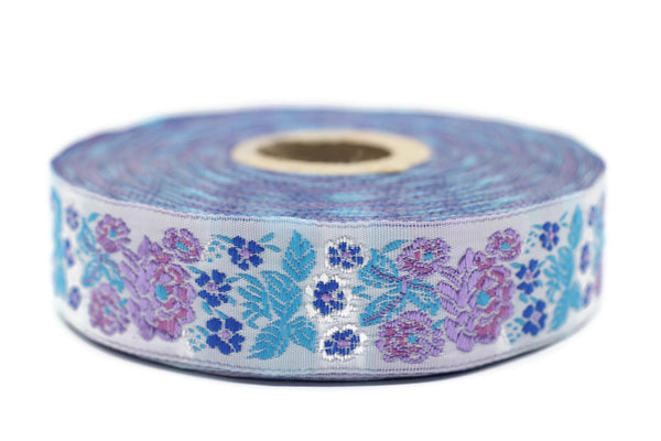 22 mm blue Floral Embroidered ribbon (0.86 inches), Vintage Jacquard, Floral ribbon, Sewing trim, Jacquard trim, Jacquard ribbon, 22097