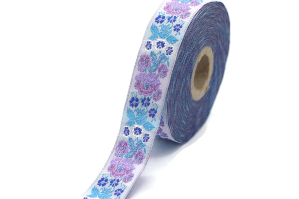 22 mm blue Floral Embroidered ribbon (0.86 inches), Vintage Jacquard, Floral ribbon, Sewing trim, Jacquard trim, Jacquard ribbon, 22097