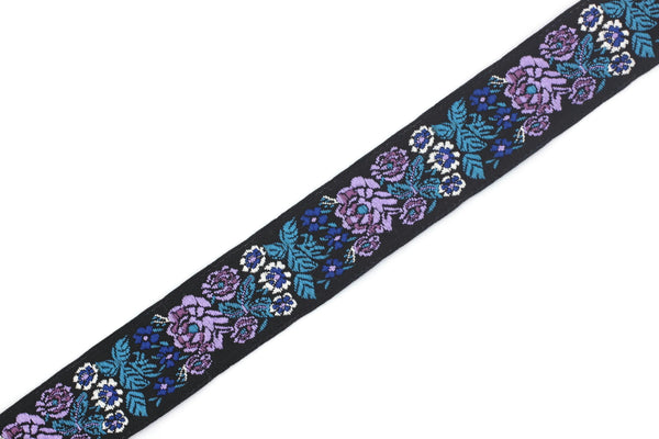 22mm Blue/Black Floral Embroidered ribbon (0.86 inches), Vintage Jacquard, Floral ribbon, Sewing trim, Jacquard trim, Jacquard ribbon, 22097