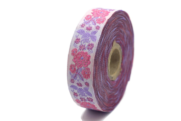 22 mm Pink Floral Embroidered ribbon (0.86 inches), Vintage Jacquard, Floral ribbon, Sewing trim, Jacquard trim, Jacquard ribbon, 22097