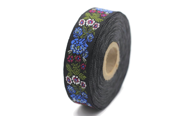 22 mm Blue Floral Embroidered ribbon (0.86 inches), Vintage Jacquard, Floral ribbon, Sewing trim, Jacquard trim, Jacquard ribbon, 22097