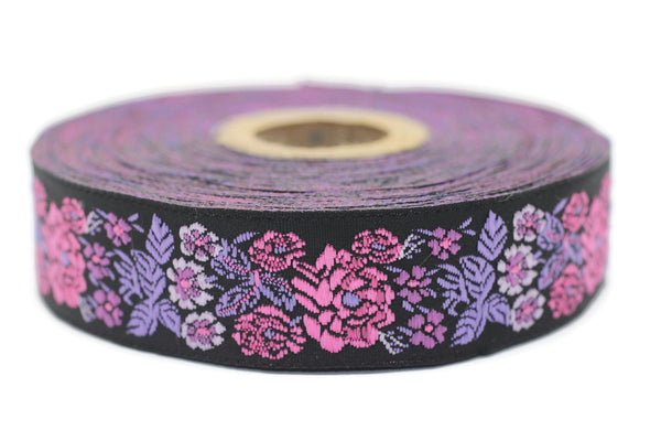 22 mm Purple/Black Embroidered ribbon (0.86 inches), Vintage Jacquard, Floral ribbon, Sewing trim, Jacquard trim, Jacquard ribbon, 22097