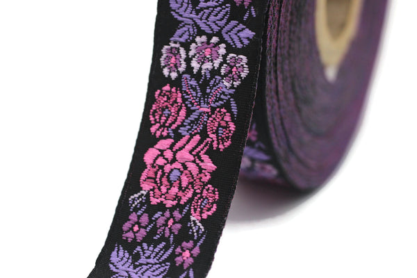 22 mm Purple/Black Embroidered ribbon (0.86 inches), Vintage Jacquard, Floral ribbon, Sewing trim, Jacquard trim, Jacquard ribbon, 22097