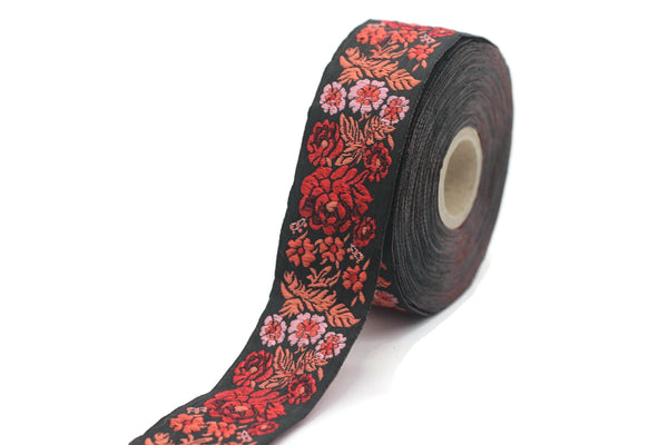 35 mm Red/Black Floral Embroidered ribbon (1.37 inches), Vintage Jacquard, Floral ribbon, Sewing trim, Jacquard trim, Jacquard ribbon, 35097