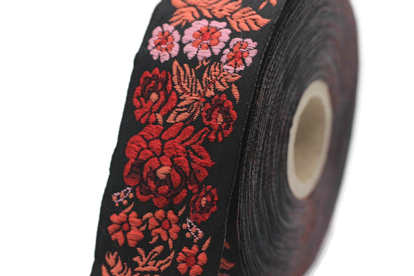 35 mm Red/Black Floral Embroidered ribbon (1.37 inches), Vintage Jacquard, Floral ribbon, Sewing trim, Jacquard trim, Jacquard ribbon, 35097