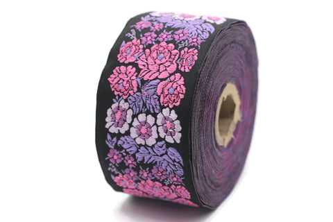 50mm Purple/Black Floral Embroidered ribbon, 1.96 inch, Vintage Jacquard, Floral ribbon, Sewing trim, Jacquard trim, Jacquard ribbon, 50097