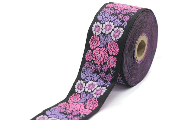 50mm Purple/Black Floral Embroidered ribbon, 1.96 inch, Vintage Jacquard, Floral ribbon, Sewing trim, Jacquard trim, Jacquard ribbon, 50097