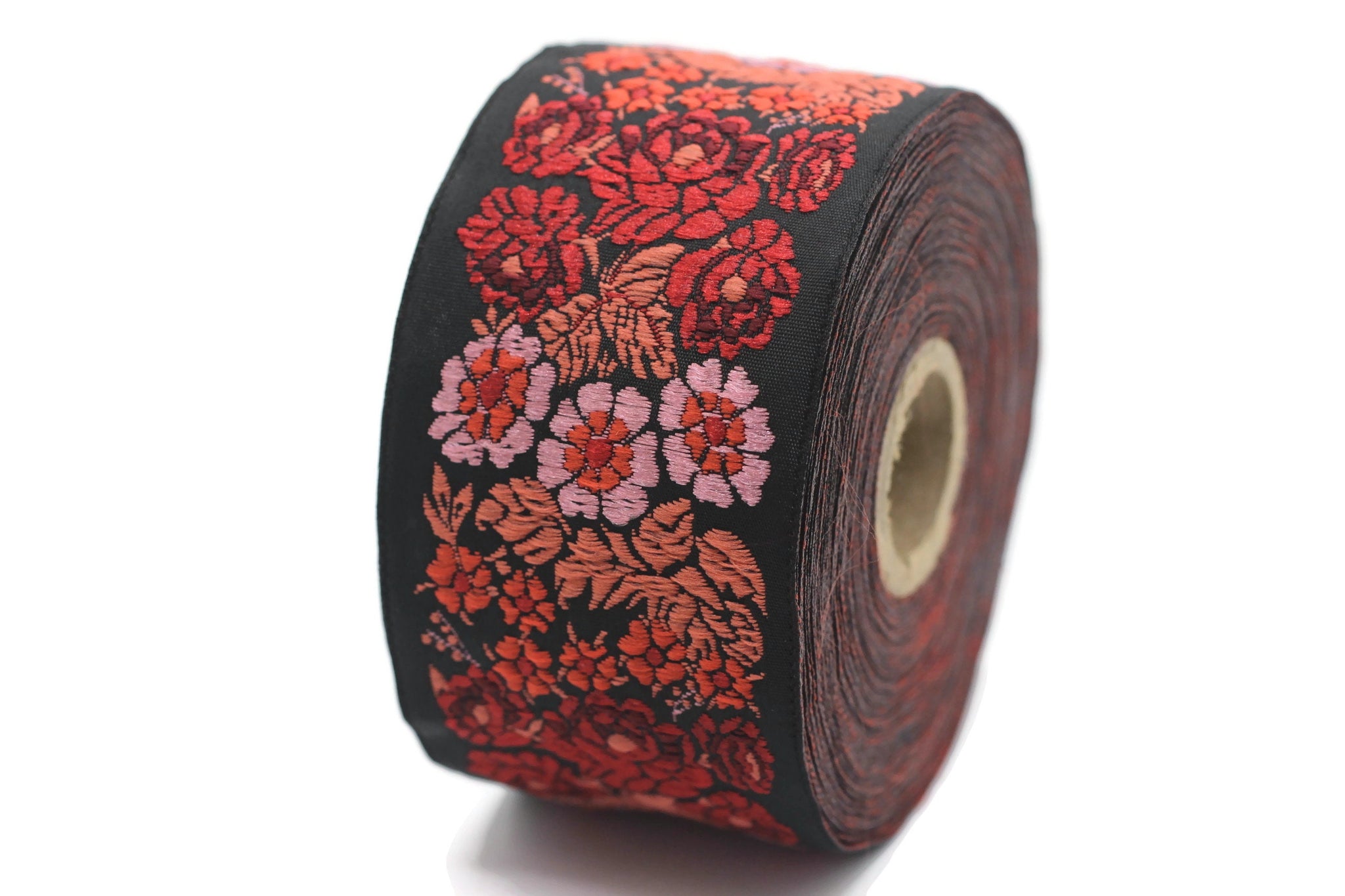 50 mm Red and Black Floral Embroidered Ribbon, Woven Trim 1.96 inch, Jacquard Ribbon, Woven Ribbon, Jacquard Border Trim, 50097