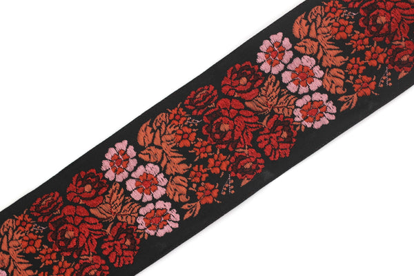 50 mm Red and Black Floral Embroidered Ribbon, Woven Trim 1.96 inch, Jacquard Ribbon, Woven Ribbon, Jacquard Border Trim, 50097