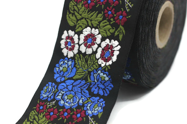 50 mm Blue Floral Embroidered ribbon (1.96 inches, Vintage Jacquard, Floral ribbon, Sewing trim, Jacquard trim, Jacquard ribbon, 50097