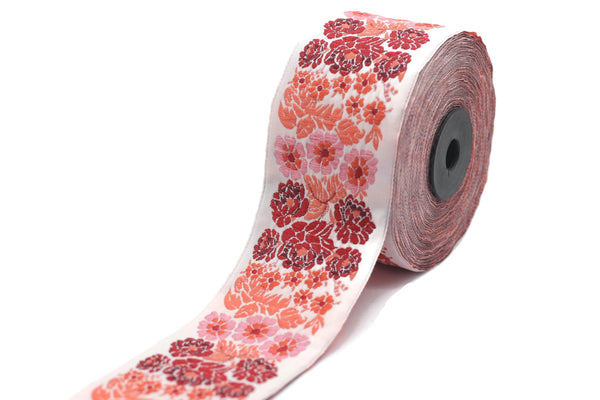 50 mm Red Floral Embroidered Ribbon Sewing Trim Craft Ribbon Jacquard Trim, Woven Trim Border 50097