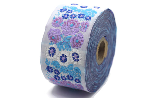 50 mm Blue Floral Embroidered ribbon (1.96 inches), Vintage ribbon, Floral ribbon, Sewing trim, Jacquard trim, 50097