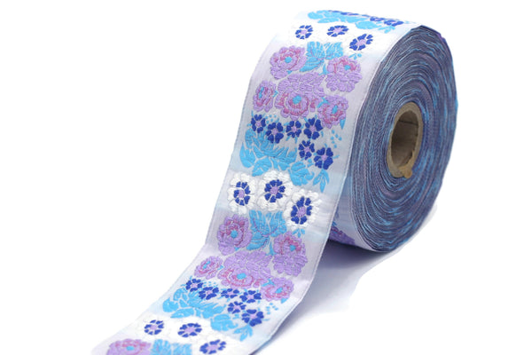 50 mm Blue Floral Embroidered ribbon (1.96 inches), Vintage ribbon, Floral ribbon, Sewing trim, Jacquard trim, 50097