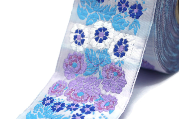 50 mm Blue Floral Embroidered ribbon (1.96 inches), Vintage ribbon, Floral ribbon, Sewing trim, Jacquard trim, 50097