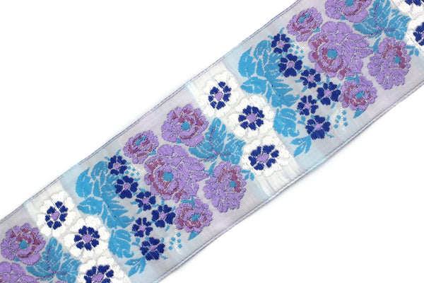 50 mm Blue Floral Embroidered ribbon (1.96 inches), Vintage ribbon, Floral ribbon, Sewing trim, Jacquard trim, 50097