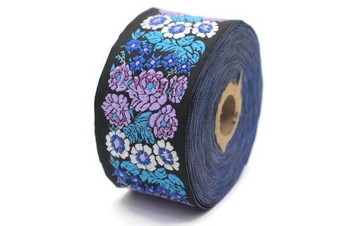 50 mm Blue/Black Floral Embroidered ribbon (1.96 inches, Vintage Jacquard, Floral ribbon, Sewing trim, Jacquard trim, Jacquard ribbon, 50097